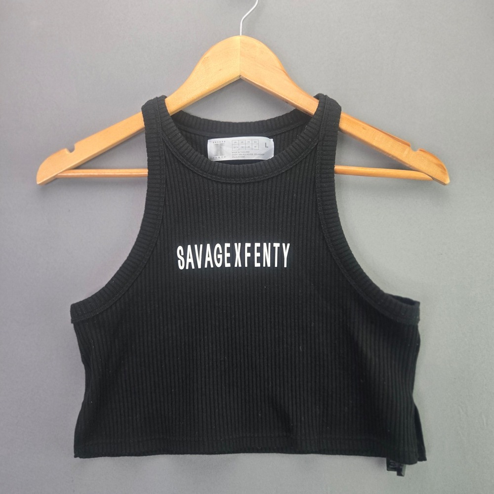 Savage X Fenty Tank Top Ribbed Crop Logo Black Size L Sleeveless Racerback